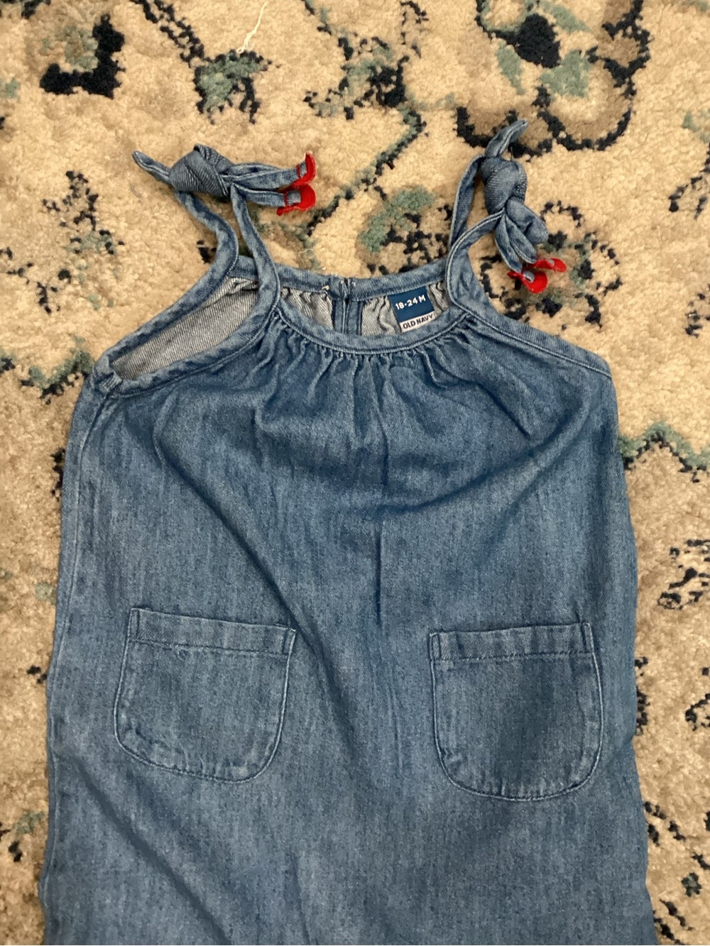 Old Navy Denim-Look Tie-Shoulder Romper in Blue with Red Accents